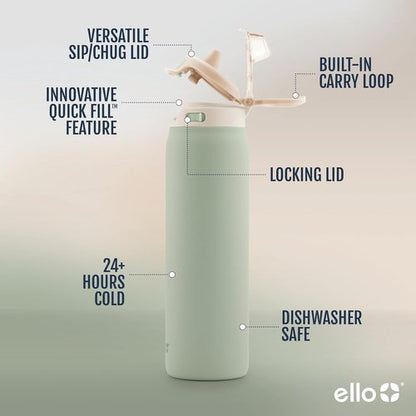 Ello Insulated Stainless Steel Water Bottle - Quick Fill Lid, Leakproof Design | BPA-Free, Double Wall, 22oz/32oz/40oz