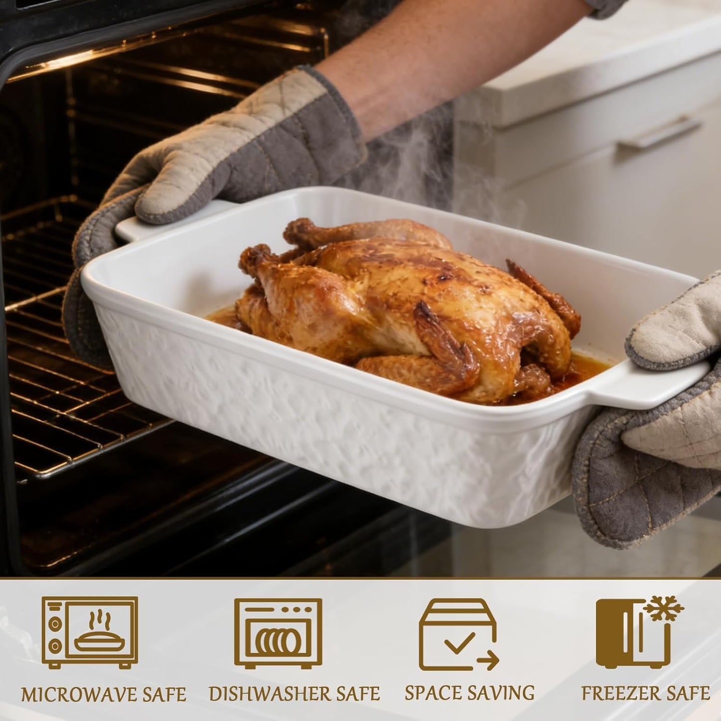 Regine Switzerland 9x13 Baking Pan - Durable Ceramic Casserole Dish with Handles | Oven Safe, 4.4QT, Soft White