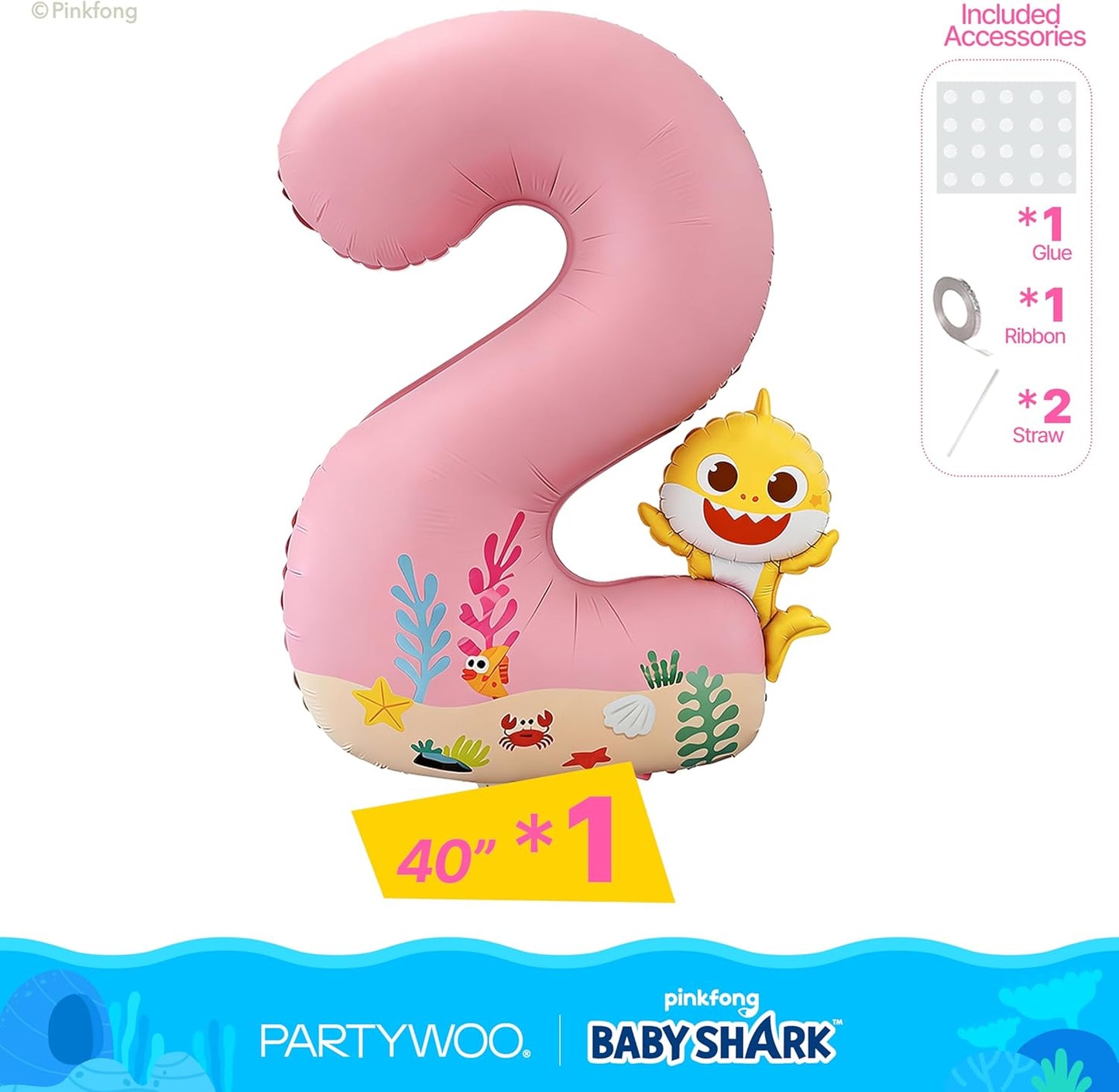 PartyWoo Baby Shark Pink Foil Number 2 Balloon - 40 Inch Mylar Helium Birthday Decoration for Kids