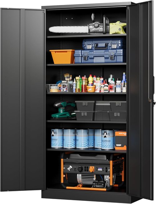 Letaya Metal Garage Storage Cabinets - 72" Tall Tool Organizer with Lock | 5 Adjustable Shelves, Black