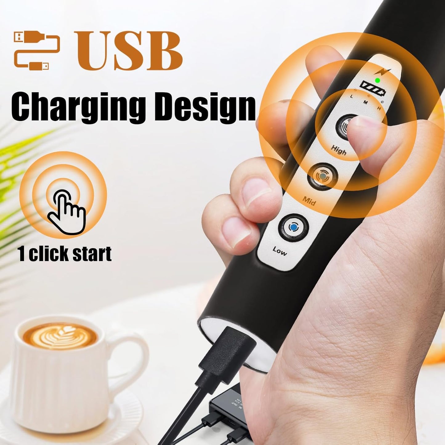 Nahida Black Milk Frother - Handheld Electric Whisk with 3 Speed Settings & 3 Heads for Lattes, Cappuccinos & More