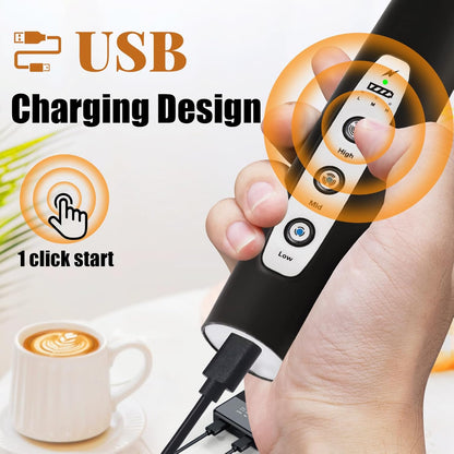 Nahida Black Milk Frother - Handheld Electric Whisk with 3 Speed Settings & 3 Heads for Lattes, Cappuccinos & More