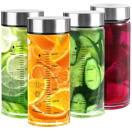 Glass Juice Bottles 4 Pack 12 oz - Wide Mouth Glass Water Bottles with Lids - for Juicing, Protein, Smoothie, Milk, Reusable, BPA Free, Stainless Steel Lids, Blender, Shaker Bottle (12oz/400ml)