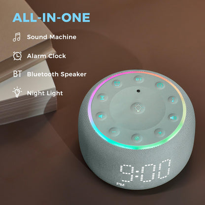 White Noise Machine Alarm Clock for Bedrooms - 5W Stereo Bluetooth Speaker - 24 Soothing Sounds - 9 Night Lights - Auto-Dimmable Digital Alarm Clock Sound Machine for Sleeping
