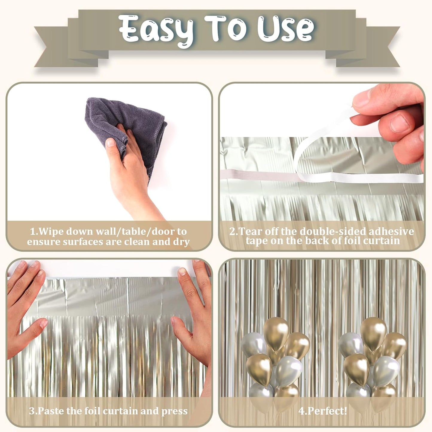 Voircoloria Matte Champagne Foil Fringe Backdrop Curtains - 3 Pack of 3.3 x 8.2 ft Gold Tinsel Streamers for Parties