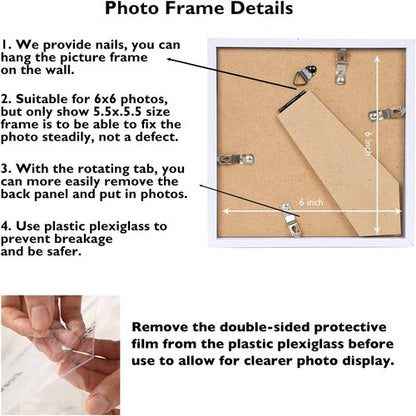 JCJMY 6x6 Picture Frame - White Wall Hanging & Tabletop Display | Shatter-Resistant Plexiglass