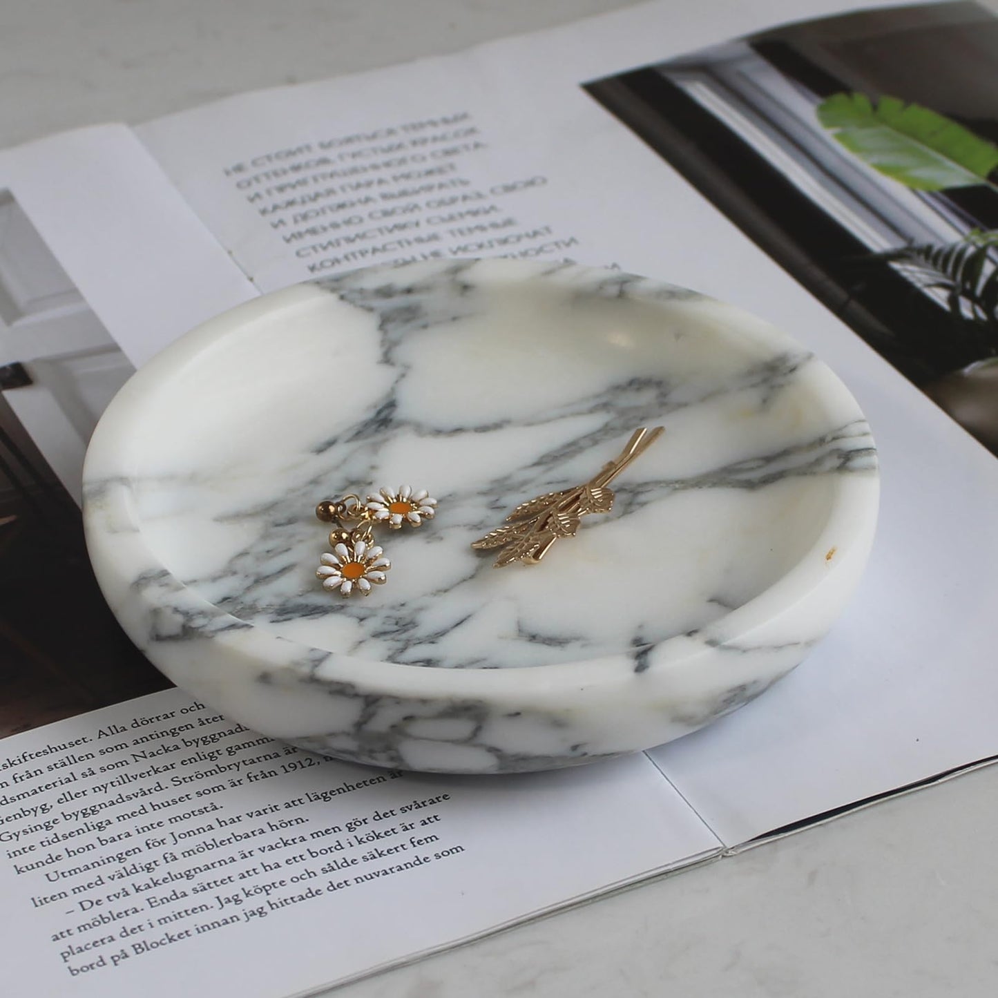Natural Marble Jewelry Dish 5.5", Trinket Dish for Ring Earring, Gift for Woman Daugther (Arabescato Calacatta)