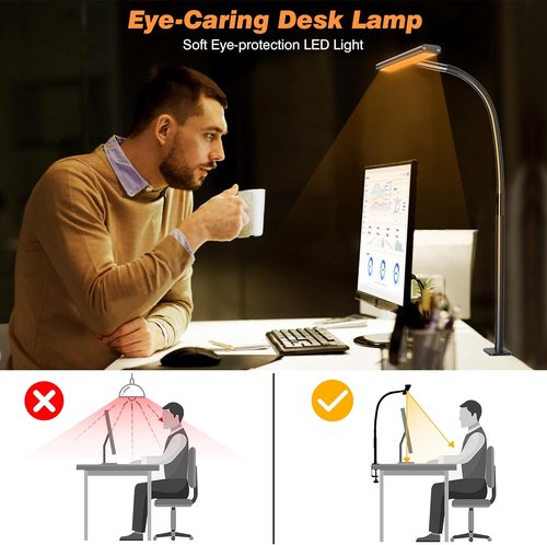 Airlonv LED Desk Lamp - Eye-Caring Adjustable Gooseneck Light with Stepless Dimming | Black, 10W USB Adapter