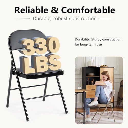 DUMOS Folding Chairs - 2 Pack Leather Padded Portable Stackable Seats for Home & Office - Black
