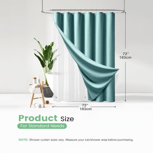 Dynamene Teal Shower Curtain and Liner Set, Waffle Weave Fabric, Waterproof Clear Liner, 256GSM Heavy Duty Weighted Hotel Luxury Cloth Shower Curtains for Bathroom with 12 Plastic Hooks, 72Wx72H