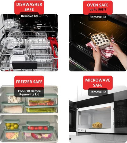 EATEX Glass Meal Prep Containers - 6 Pack BPA-Free, Stackable with Lids | Microwave & Oven Safe - Sage