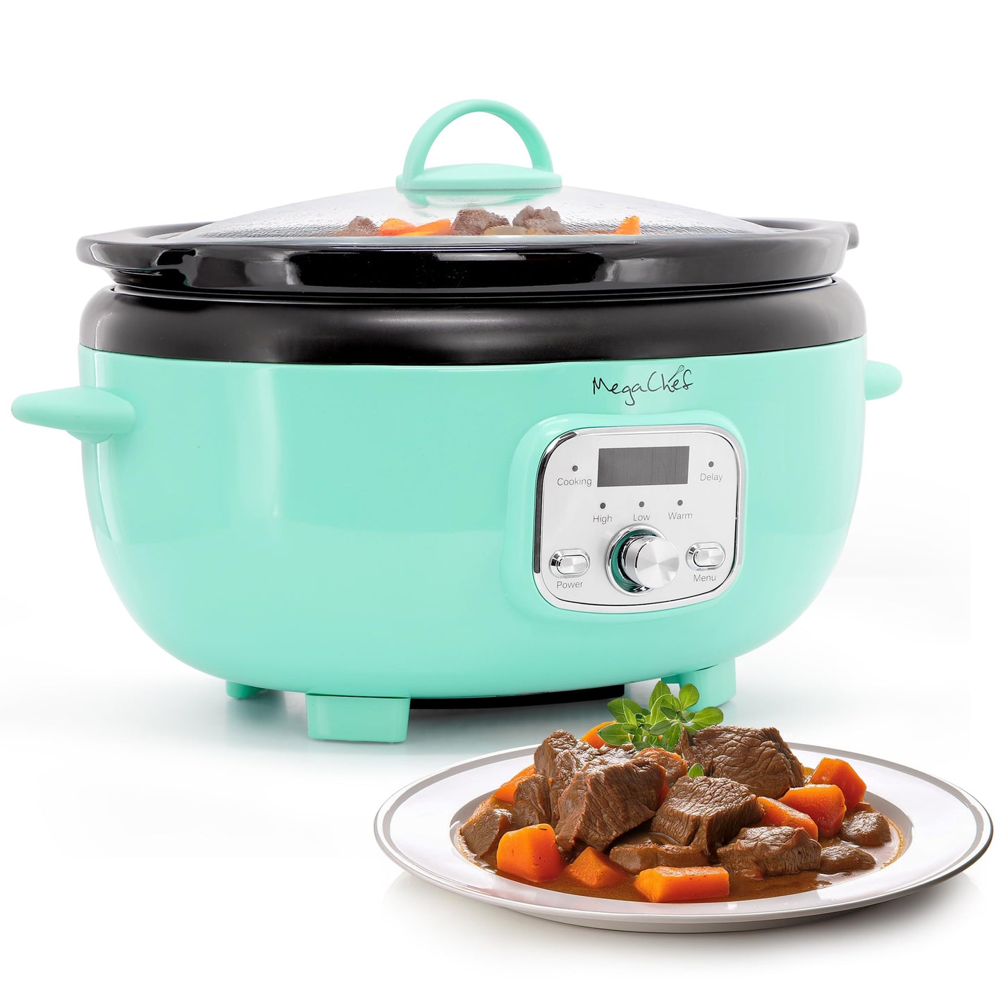 MegaChef 6.9 Quart Oval Electric Slow Cooker, Removable Ceramic Pot, 3 Heat Settings, Kitchen Appliance, Countertop Cooker (Turquoise)