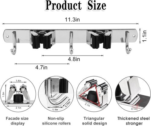 AceMining Wall Mounted Broom and Mop Holder - Heavy Duty Stainless Steel Organizer with 5 Racks & 4 Hooks
