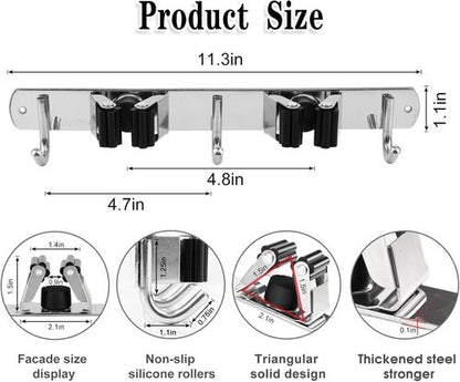 AceMining Wall Mounted Broom and Mop Holder - Heavy Duty Stainless Steel Organizer with 5 Racks & 4 Hooks