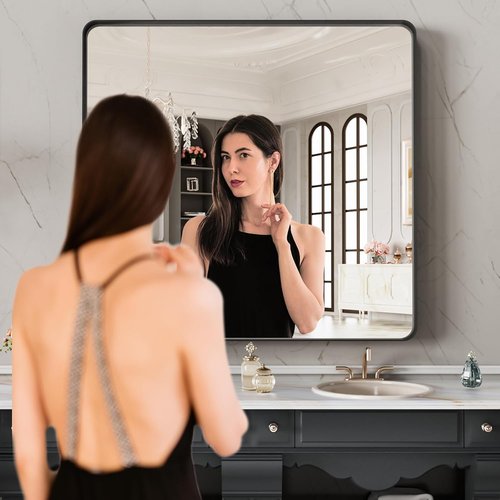 LOAAO Black Metal Framed Bathroom Mirror - 28x32 Inch Matte Black Vanity Mirror, Anti-Rust, Versatile Hanging Options