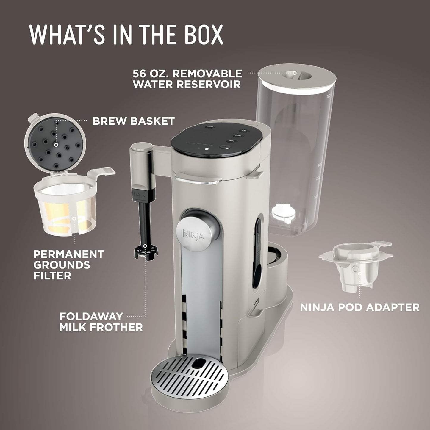Ninja Pod & Grounds Coffee Maker - Single-Serve K-Cup Compatible with Built-In Frother | 56 oz Reservoir, Compact Design