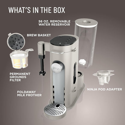 Ninja Pod & Grounds Coffee Maker - Single-Serve K-Cup Compatible with Built-In Frother | 56 oz Reservoir, Compact Design