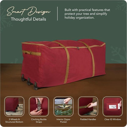 Covermates Keepsakes Christmas Tree Storage Bag - Heavy-Duty Rolling Design with Wheels & Reinforced Handles - Durable Red Polyester Solution