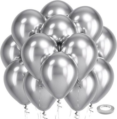 Bezente Silver Metallic Chrome Latex Balloons - 100 Pack 12-Inch Round Helium Balloons for Celebrations