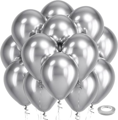 Bezente Silver Metallic Chrome Latex Balloons - 100 Pack 12-Inch Round Helium Balloons for Celebrations