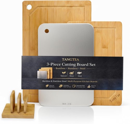 Bamboo Cutting Board Set by [Brand Name] | 3-Piece Kitchen Prep Station with Juice Grooves & Stainless Steel Defrosting Tray