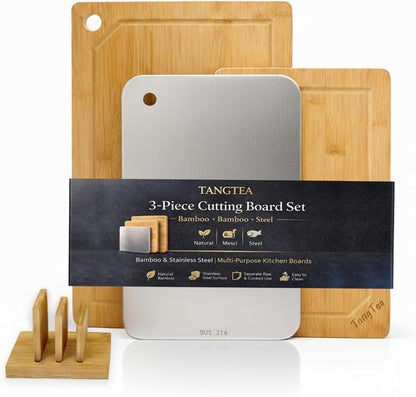 Bamboo Cutting Board Set by [Brand Name] | 3-Piece Kitchen Prep Station with Juice Grooves & Stainless Steel Defrosting Tray