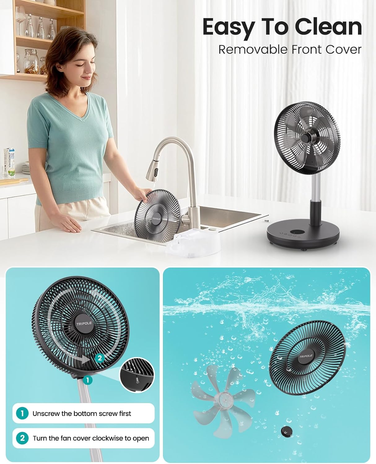 TriPole 12" Portable Rechargeable Standing Fan - Adjustable Height, Remote Control & Timer | 12000mAh Battery (Black)