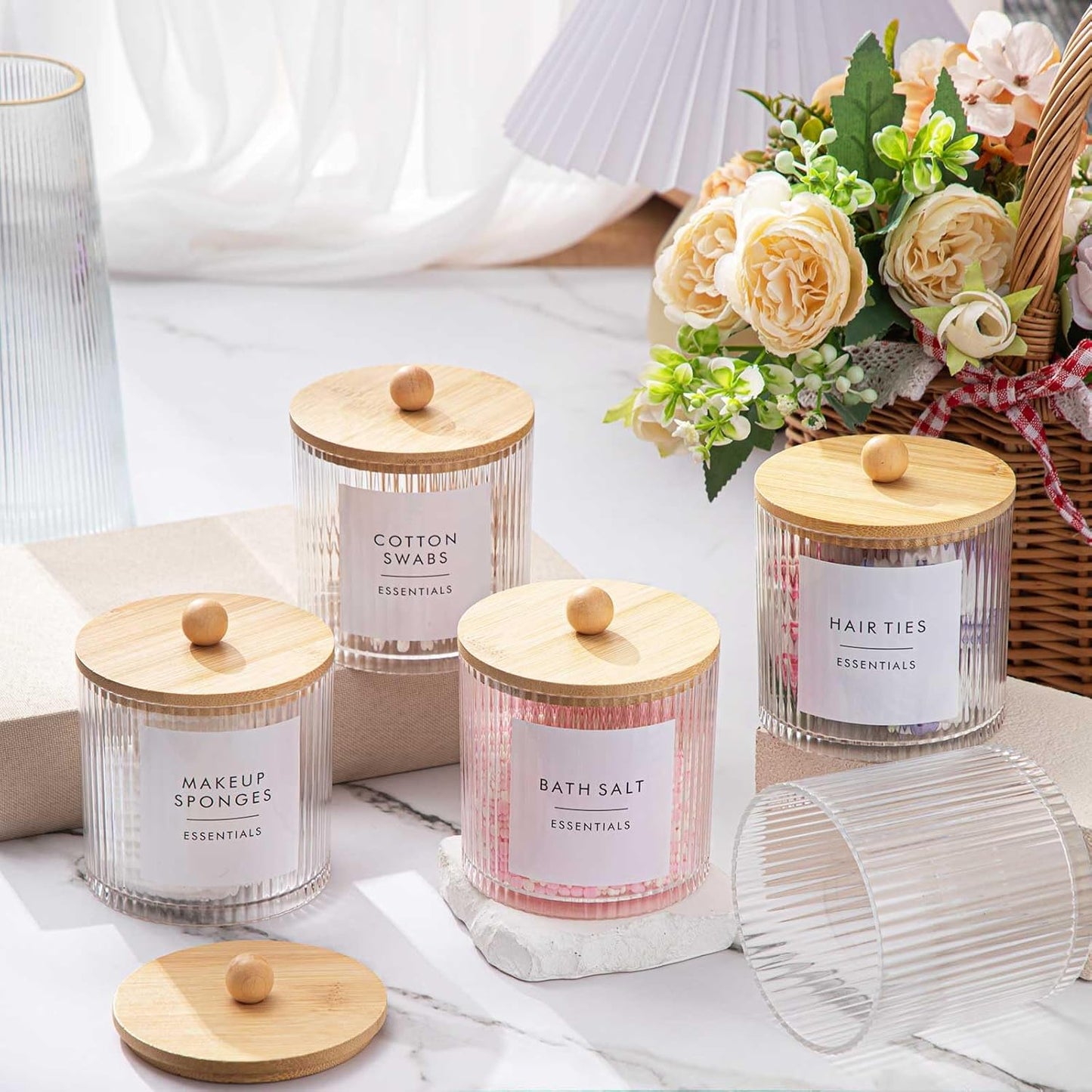 Yaomiao Ribbed Bathroom Canisters - 6 Pcs Apothecary Jars with Bamboo Lids & Labels | 18 oz Plastic Storage for Cotton Balls, Swabs, Floss Picks