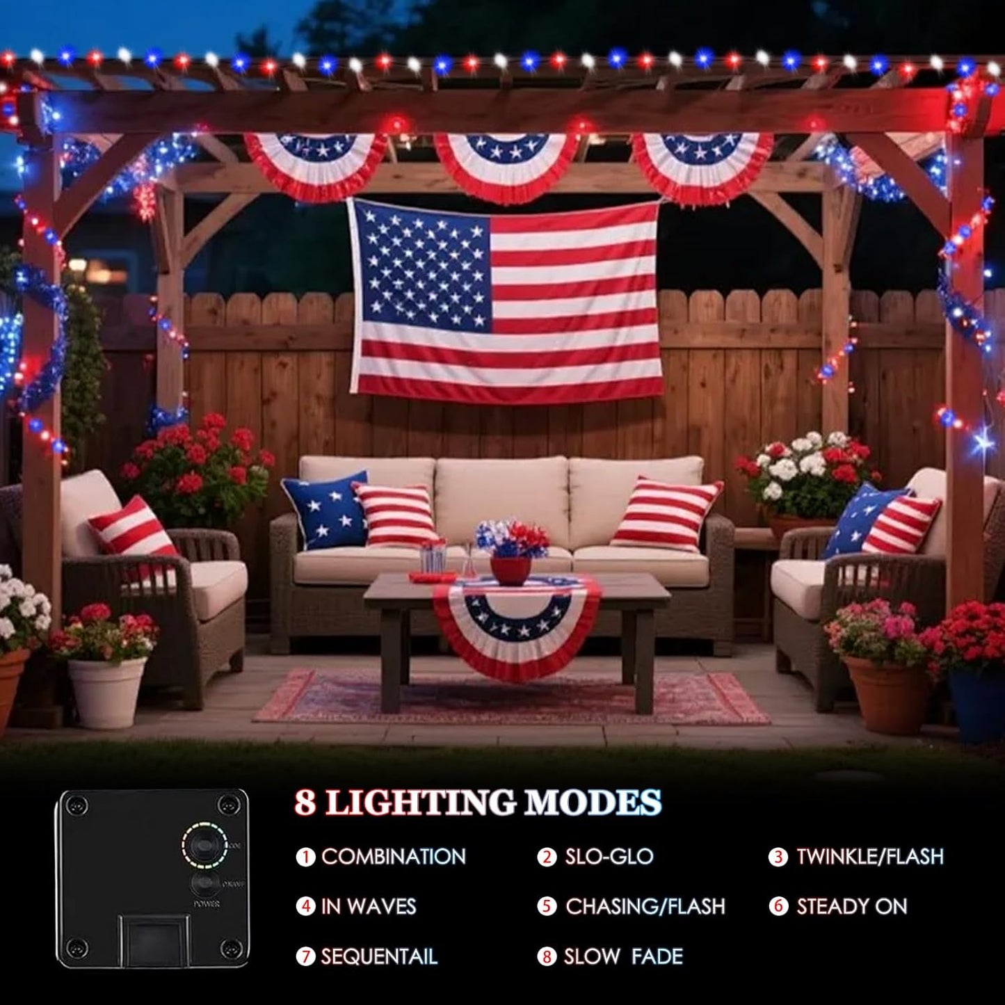 Skiennix 4th of July Outdoor Decorations - 4pk Red, White & Blue Solar String Lights | 400 LEDs, 132FT, Waterproof
