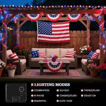 Skiennix 4th of July Outdoor Decorations - 4pk Red, White & Blue Solar String Lights | 400 LEDs, 132FT, Waterproof