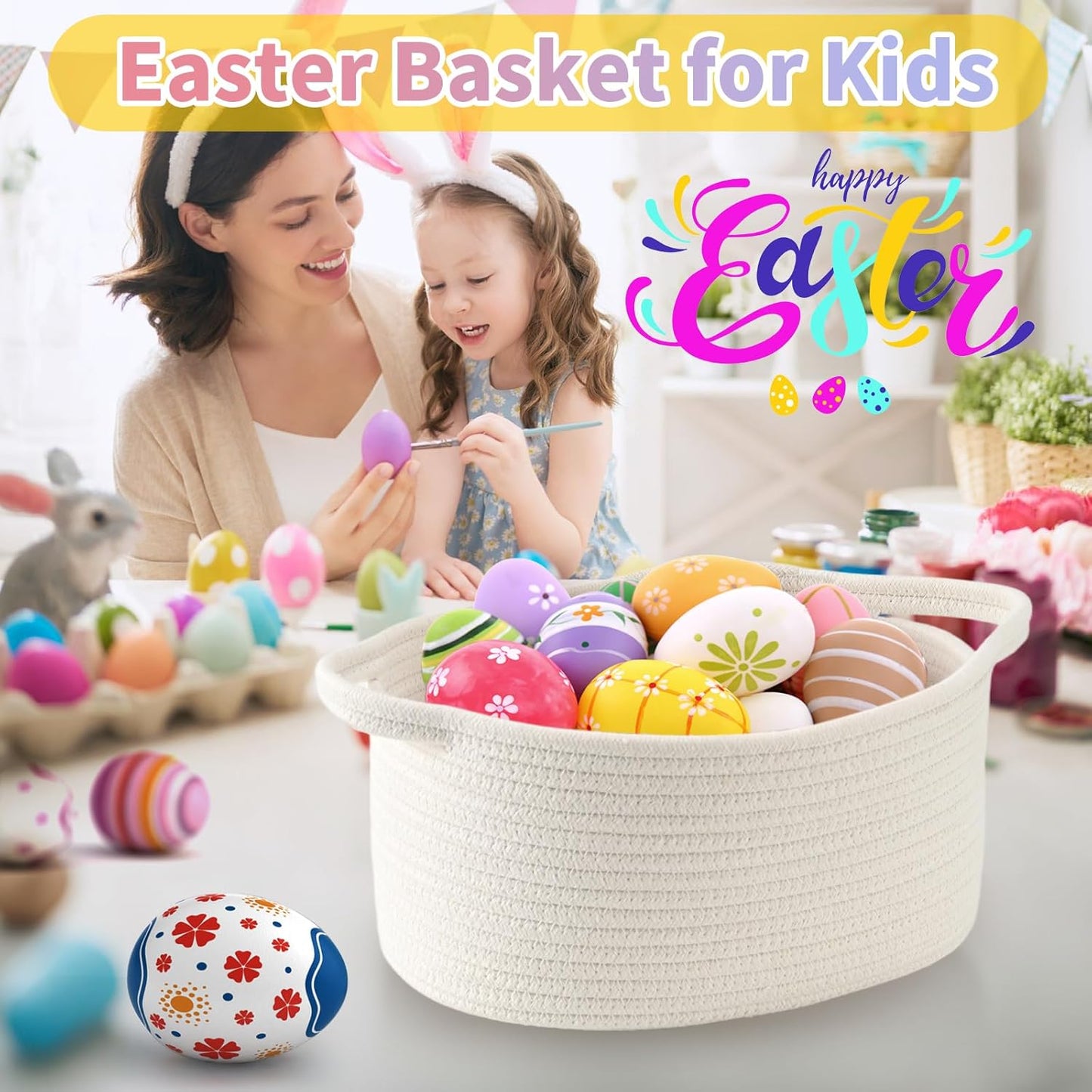 Skiennix Cute Woven Storage Basket - Decorative Organizer with Handle for Gifts | 13" D x 8" W x 6" H