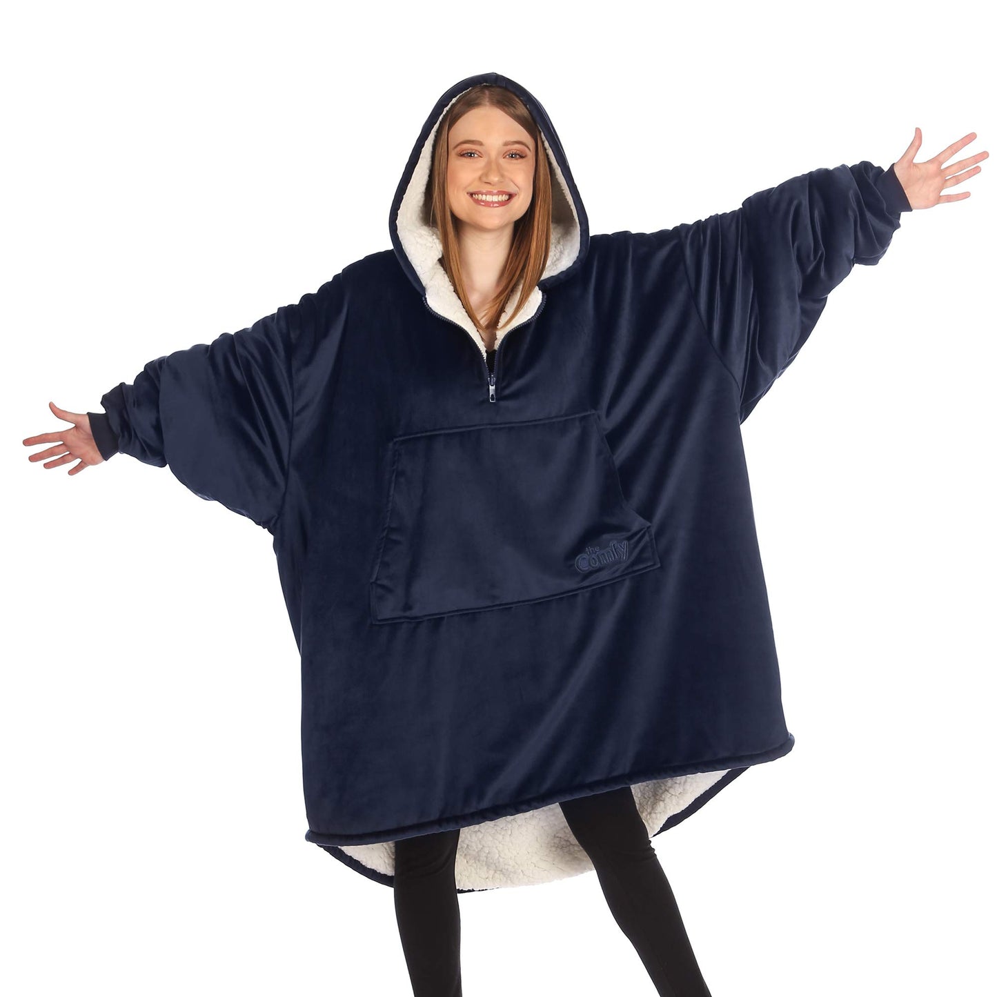 THE COMFY Original Quarter-Zip | Floor Length Sherpa Lined Microfiber Fleece Wearable Blanket, Oversized Design with Hood and Pocket, From Shark Tank, for Women & Men, Warm and Cozy Gifts