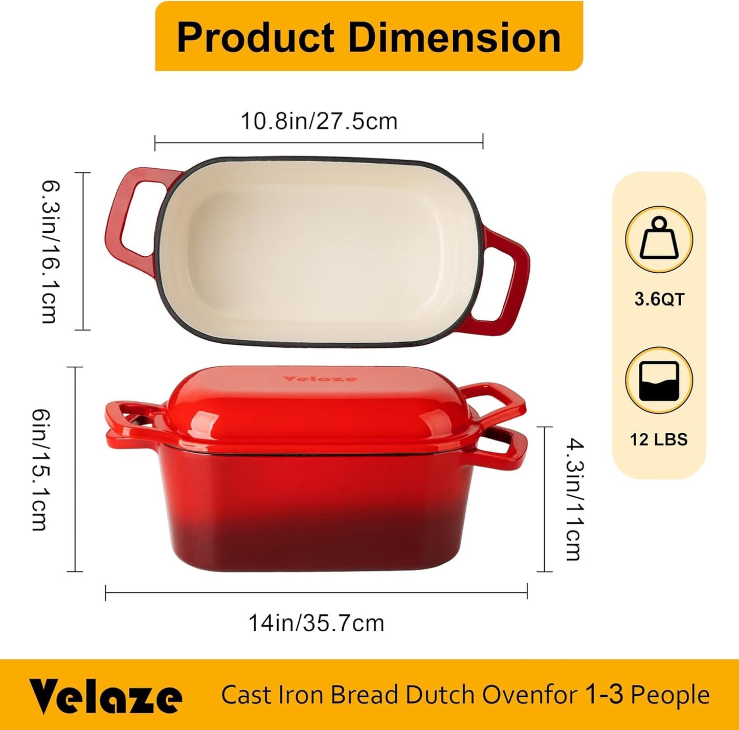 Velaze 3.6QT Dutch Oven - Enameled Cast Iron Bread Baking Pan with Lid & Offset Handles | Oven Safe to 500°F (Red)