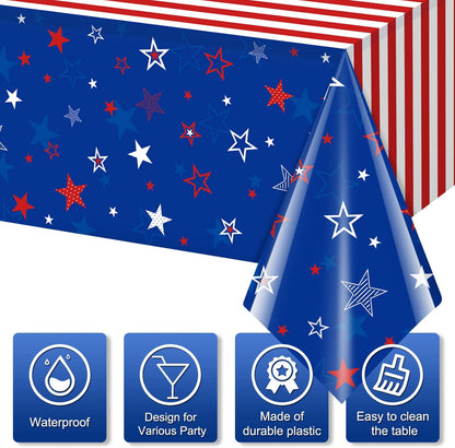 Skiennix 3Pcs Patriotic Tablecloths - Red, White & Blue Star Disposable Covers | 54x108 Inch for 4th of July Celebrations