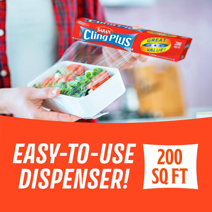 Saran Cling Plus Plastic Wrap - Clear Food Storage with Easy Dispense | 200 Sq Ft Roll