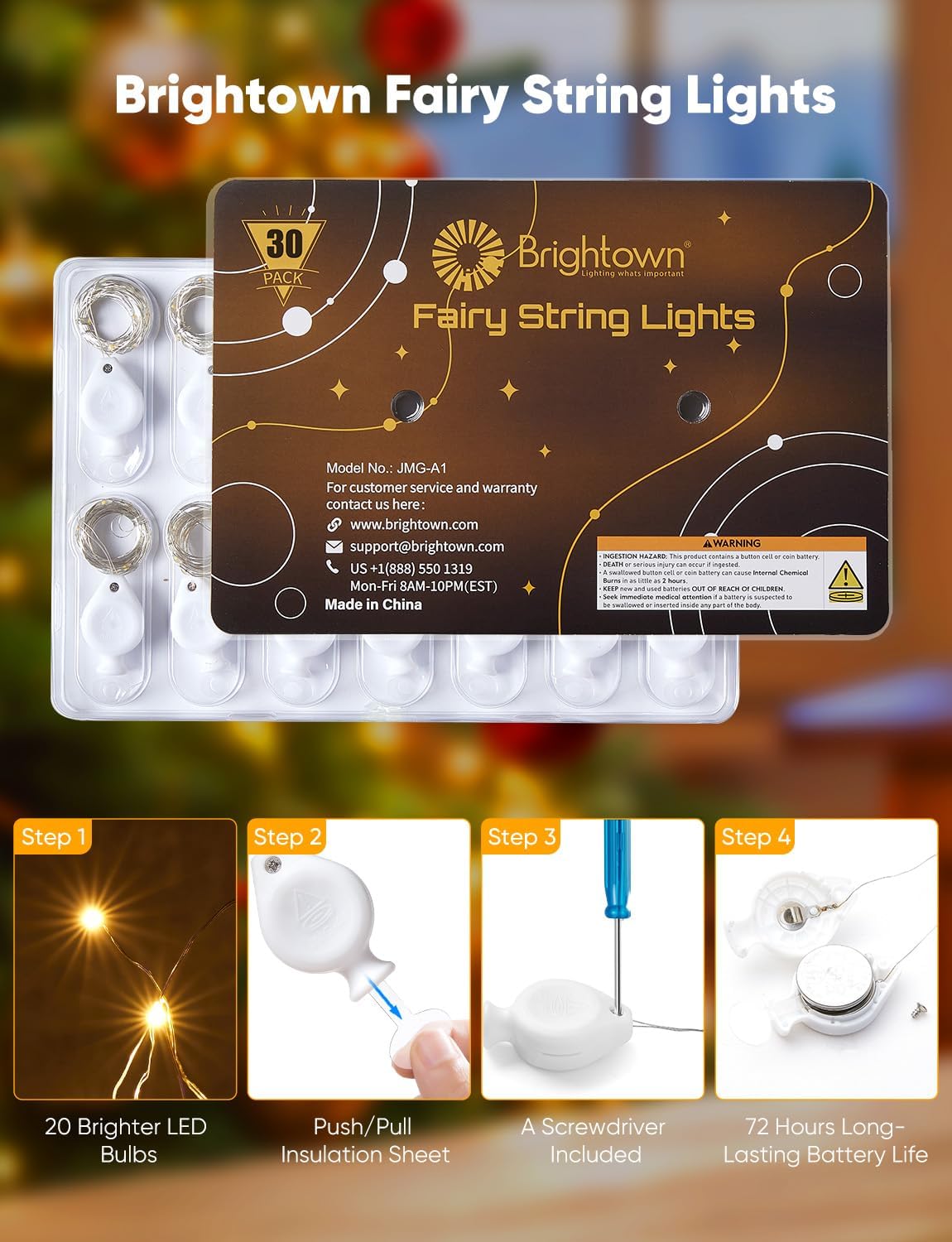 Brightown LED Fairy Lights - 30 Pack Battery Operated 7ft Waterproof Silver Wire String Lights | Perfect for Mason Jars, Christmas & Weddings