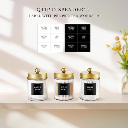 SheeChung Qtip Dispenser Holder Set - 4 Glass Apothecary Jars with Gold Lids & Stickers | Bathroom Storage Organizer