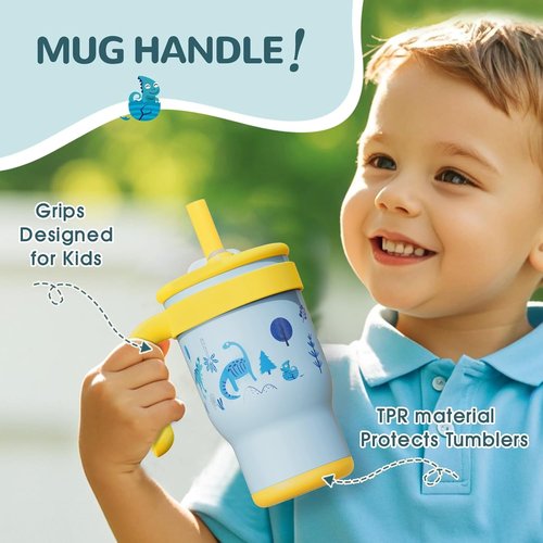 KXIAOCHEN Toddler Tumbler - Spill-Proof 14 Oz Insulated Stainless Steel | BPA-Free, Blue Dinosaur