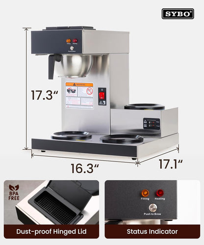 SYBO 12-Cup Commercial Coffee Maker - Pour Over Drip Brewer with 3 Warmers & Stainless Steel Design