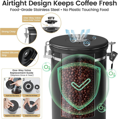 Veken Coffee Canister - Airtight Stainless Steel Storage Container with Window | 39oz, Black, Holds 2.2lbs