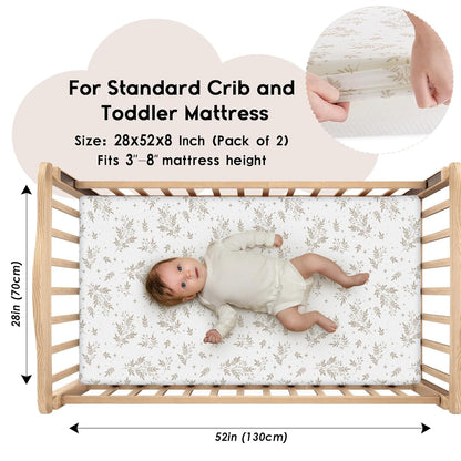 Yoofoss Fitted Baby Crib Sheets - Super Soft Microfiber 2 Pack for Standard Crib & Toddler Mattress | 28x52x8in (Brown & Leaf)