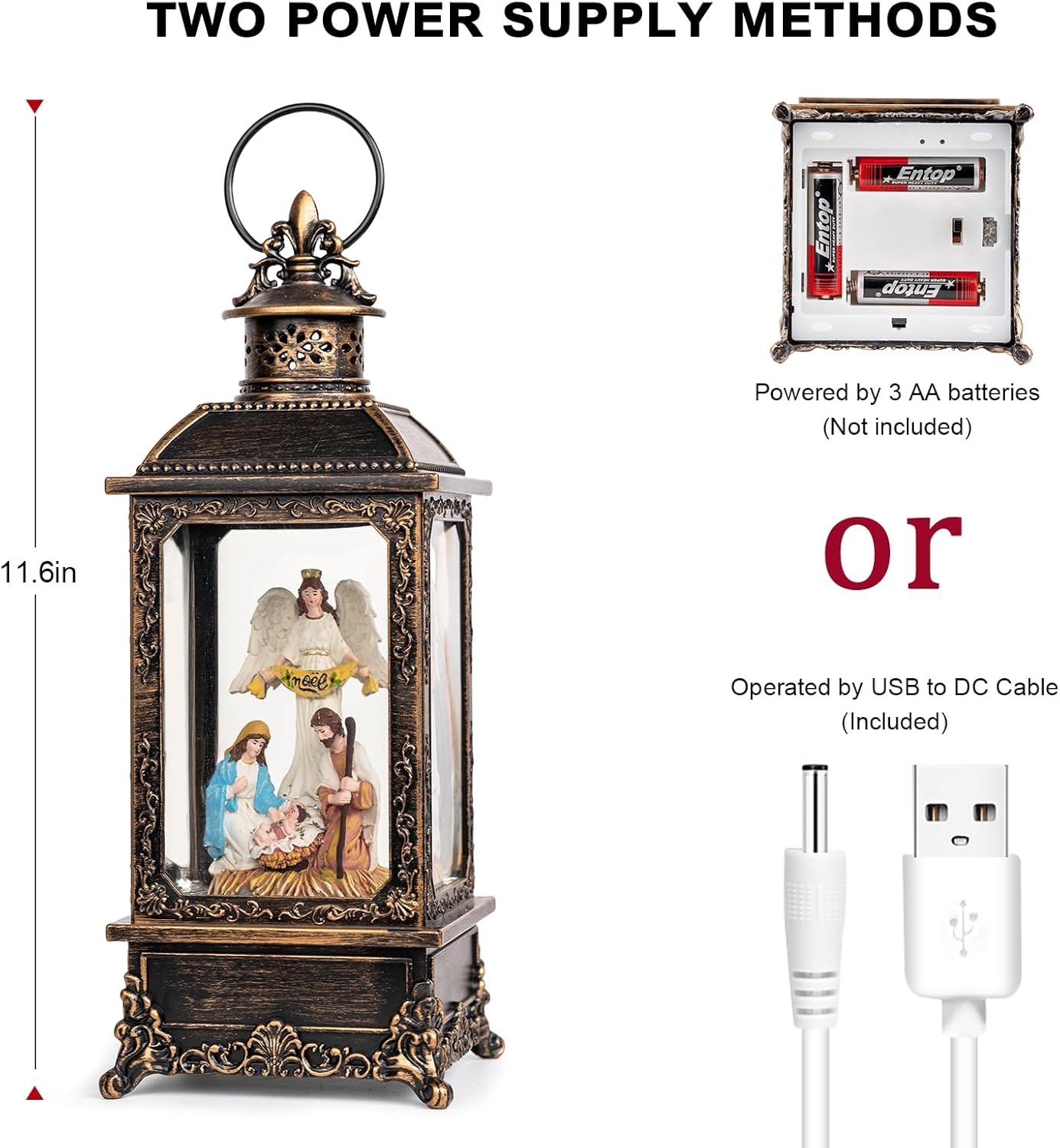 VISFLAIR Christmas Snow Globe - Lighted Angel & Nativity Scene | Musical Water Lantern, Battery or USB Powered Holiday Decor