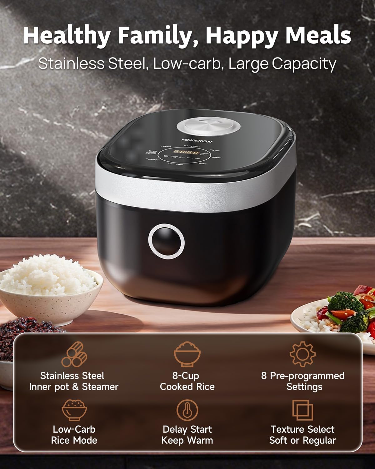 YOKEKON Rice Cooker - 8-Cup Stainless Steel Inner Pot | PFAS-Free, Dishwasher Safe, Auto Keep Warm, Black