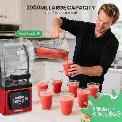 Huanyu Commercial Blender - 2L 68OZ 2200W Quiet Professional Blender with Sound Enclosure | Red