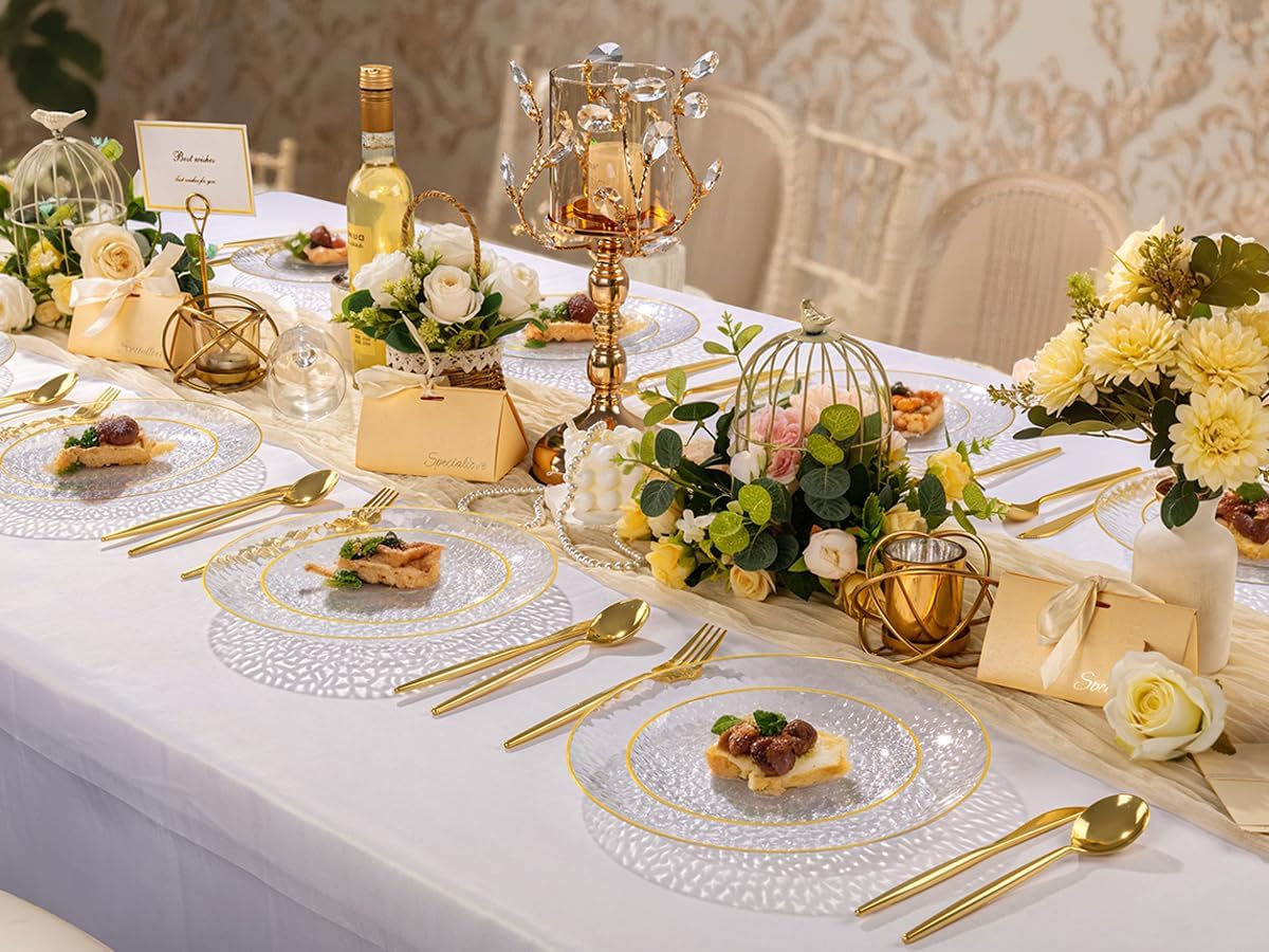 Rubtlamp Clear Plastic Plates - 60 Pcs Heavy-Duty Disposable Plates with Gold Rim | Perfect for Weddings & Parties