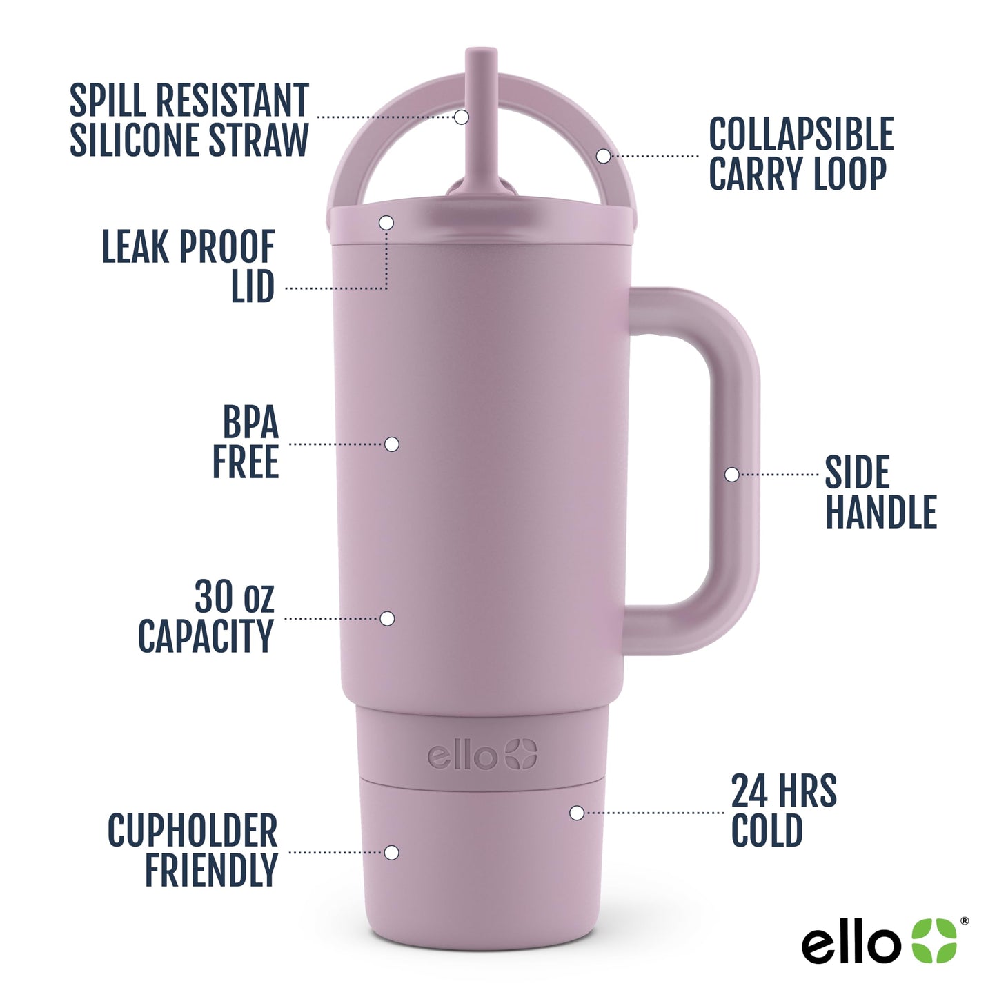 Ello Port 30oz Tumbler with Carry Loop & Integrated Handle | Vacuum Insulated Stainless Steel Reusable Water Bottle Travel Mug | Leak Proof Lid | Flexible Straw | BPA-Free | Dishwasher Safe | Mauve