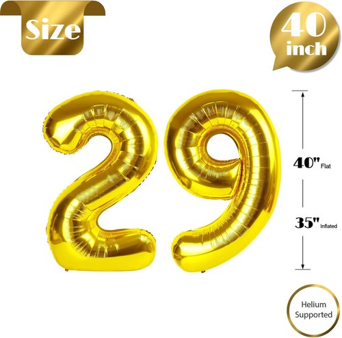 Gold Number 29 Balloon - 40 Inch Golden Birthday Decoration for 29th Celebration | Party Supplies