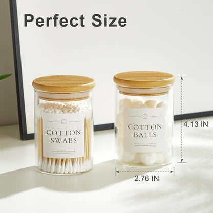 INIUNIK Qtip Holder Dispenser - Glass Apothecary Jars with Lids | Bamboo Bathroom Organizer Set