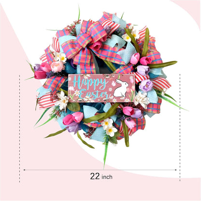 Spring Easter Bunny Wreath - 22 Inch Floral Design with Pink Tulips for Front Door Decor