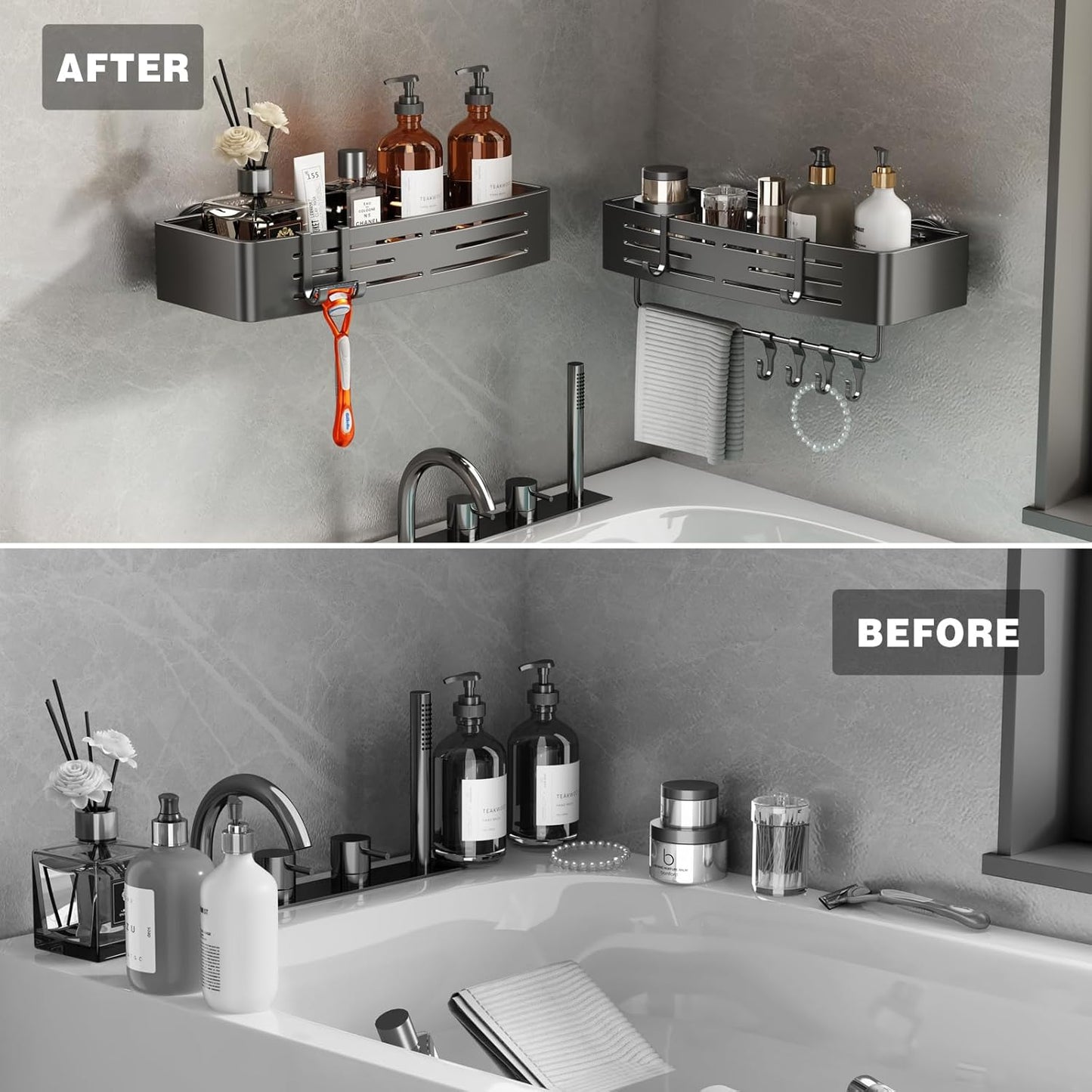 Voldra Shower Caddy - Suction Cup Shower Shelves with Towel Bar & Hooks | No Drilling, Gray, 2 Pack